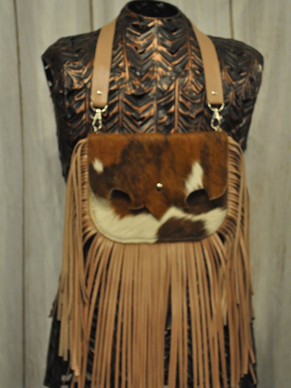 Brindle Cowhide Leather Bag w/ Pink Fringe – Handmade Western Boho Purse